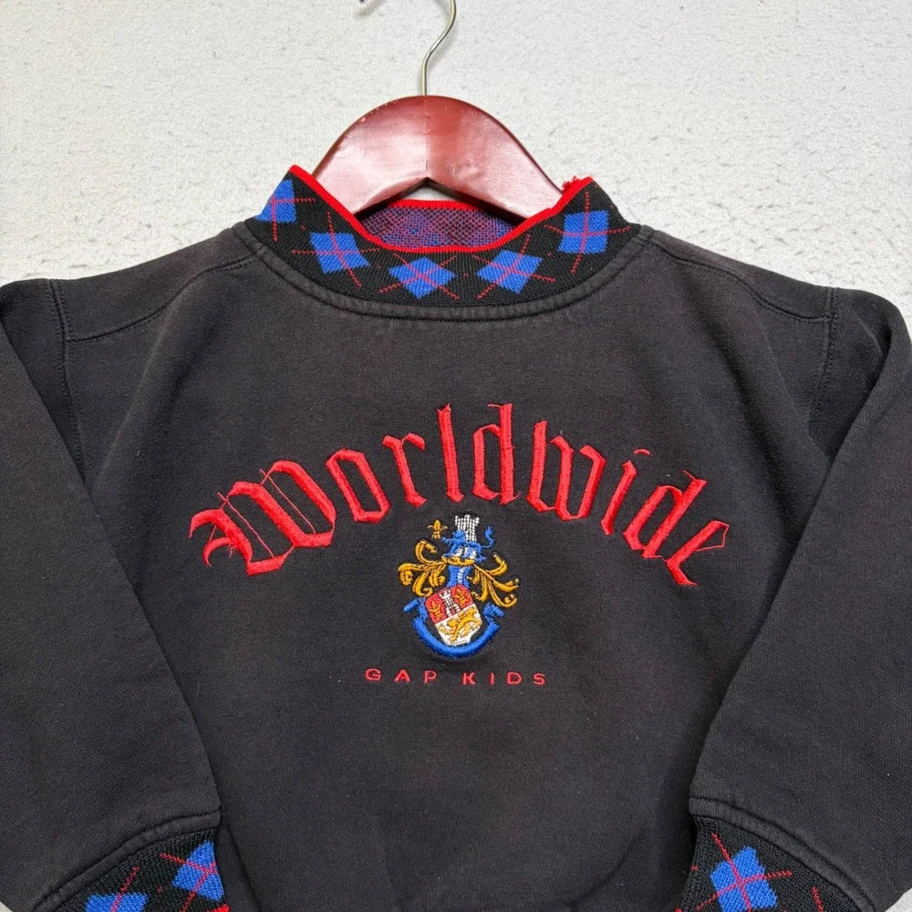 Gap Kids Sweatshirt Unisex 2-4T Blk Worldwide Crest Argyle Vintage 90s Mockneck